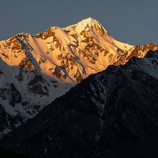 Photograph of a sunlit snow-capped mountain peak casting golden light, with dark, shadowed slopes in the foreground against a clear blue sky.