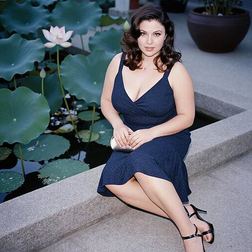 Photograph of a curvy, fair-skinned woman with dark wavy hair, wearing a black, deep V-neck dress and black sandals, sitting