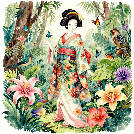 Japanese Geisha in Tropical Rainforest
