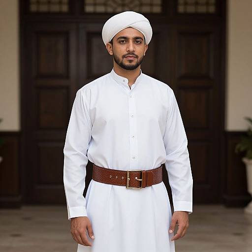 Photograph of a Middle Eastern man with a trimmed beard, wearing a white traditional dishdasha, white turban, and brown belt, standing in