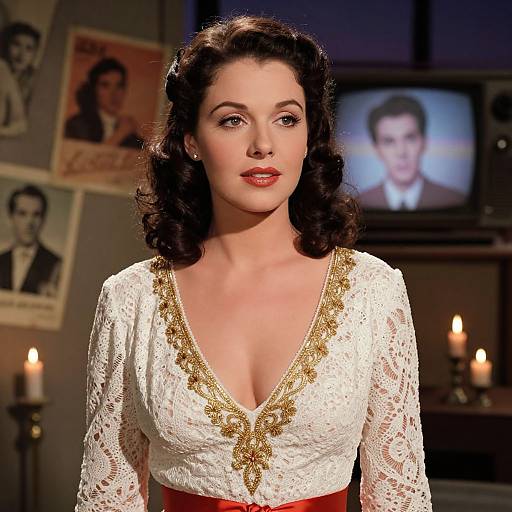 Photograph of a fair-skinned woman with vintage 1940s hairstyle, wearing a white lace dress with gold embroidery, standing in a dimly