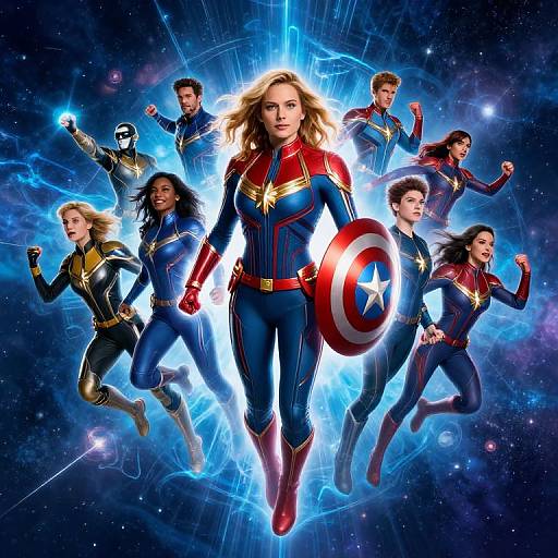 Digital illustration of diverse Avengers in blue and red suits with yellow accents, holding Captain America's shield, floating against cosmic background. Central figure leads with determined