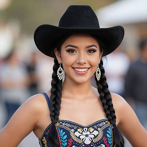 Photograph of a smiling Latina woman with dark braided hair, wearing a black hat, ornate black dress with colorful embroidery, and large silver earrings