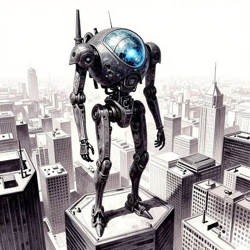 Digital illustration of a futuristic, blue-lit robot with a transparent dome, standing on a skyscraper in a black-and-white cityscape.