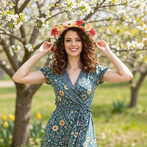 Photograph of a smiling woman with curly brown hair, wearing a floral dress and flower crown, standing in a blooming orchard.