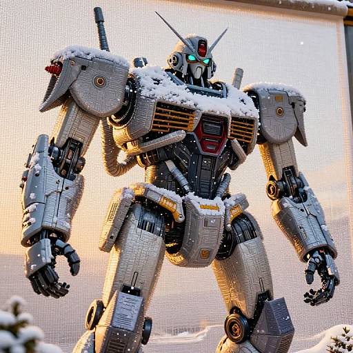 Photograph of a detailed, snow-covered, gray robot with glowing green eyes, standing against a bright, sunlit background, showcasing intricate mechanical design.