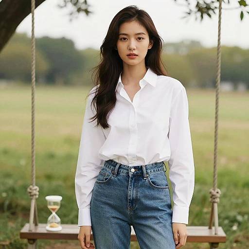 Photograph of an Asian woman with long black hair, wearing a white button-up shirt and blue jeans, standing in front of a wooden swing with a