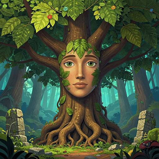 Digital art: Enchanted forest scene with a tree's trunk and roots forming a woman's face, green leaves, and ancient stone ruins.