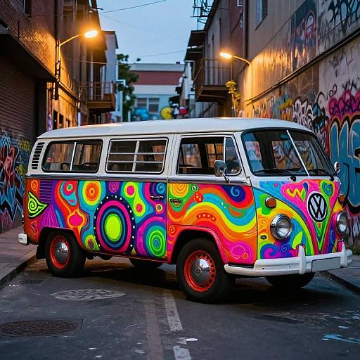 Psychedelic VW Bus in Neon Alley