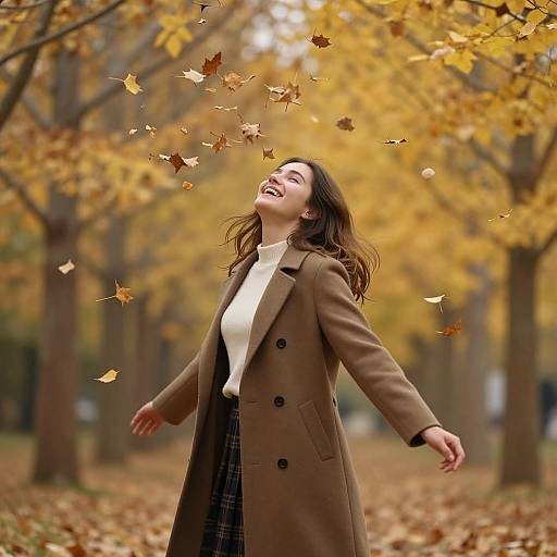 Photograph of a smiling young woman with brown hair, wearing a brown coat and white sweater, laughing as autumn leaves fall around her in a golden-le