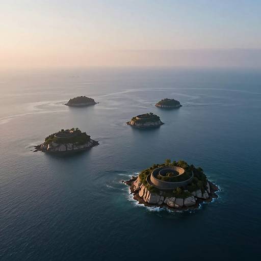 Aerial photograph of five small, circular, rocky islands with lush greenery and ancient stone structures in a calm, blue ocean at sunset.