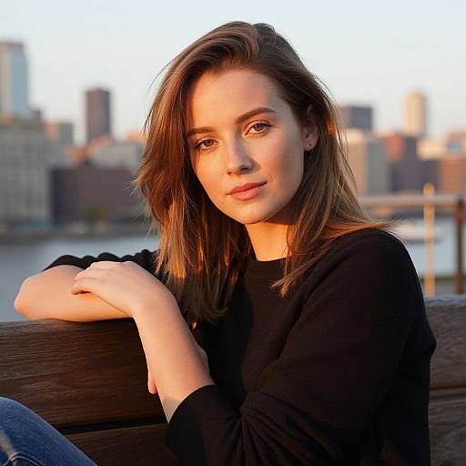 Photograph of a young woman with light brown hair, wearing a black long-sleeve shirt, leaning on a wooden railing at sunset with a city