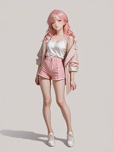 Digital anime-style drawing of a pink-haired girl in a white tank top, pink shorts, open pink jacket, and white sneakers.