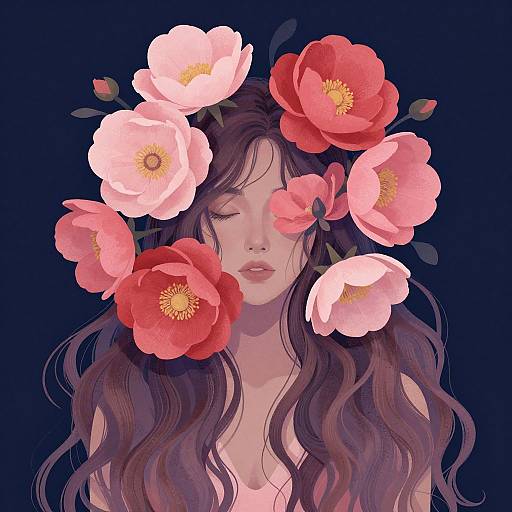 Digital illustration of a serene woman with long wavy brown hair, adorned with large pink and red flowers, set against a dark blue background.