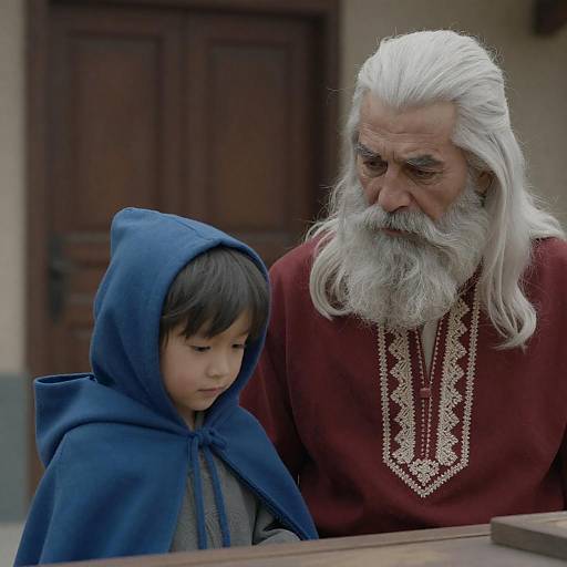 Elderly Man and Child in Hooded Cloak