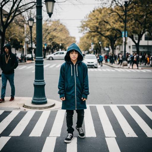 Teen boy in hoodie on city crosswalk