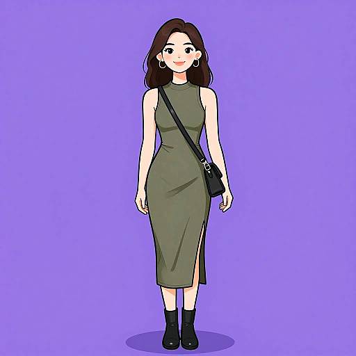 Digital illustration of a smiling woman with medium-length brown hair, wearing a sleeveless green dress, black ankle boots, and a black shoulder bag, standing