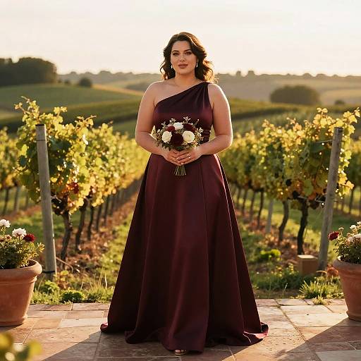 Photograph of a curvy, dark-haired woman in a one-shoulder, deep purple satin gown, holding a bouquet, standing in a vine