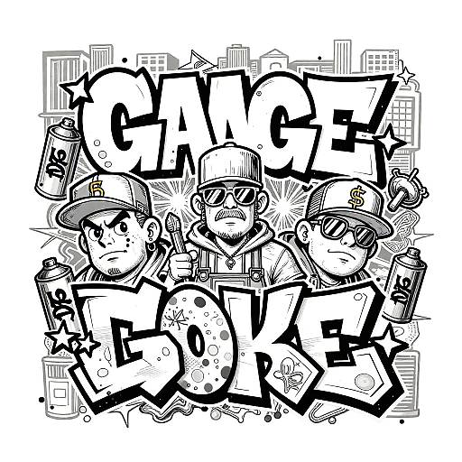 Black-and-white digital comic-style illustration of four graffiti artists wearing hats and sunglasses, surrounded by bold, overlapping 