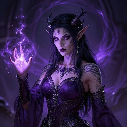 Digital artwork of a dark-haired, purple-skinned elf woman with horns, glowing purple eyes, and intricate black armor, conjuring purple electricity. Background