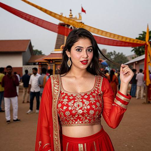 Photograph of a beautiful Indian woman with long black hair, red traditional outfit with gold embroidery, holding hair, standing in a festive outdoor setting with colorful