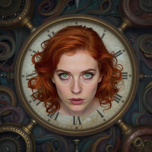 Digital artwork of a pale-skinned, red-haired woman with green eyes, centered in a vintage clock face with Roman numerals, surrounded by dark,