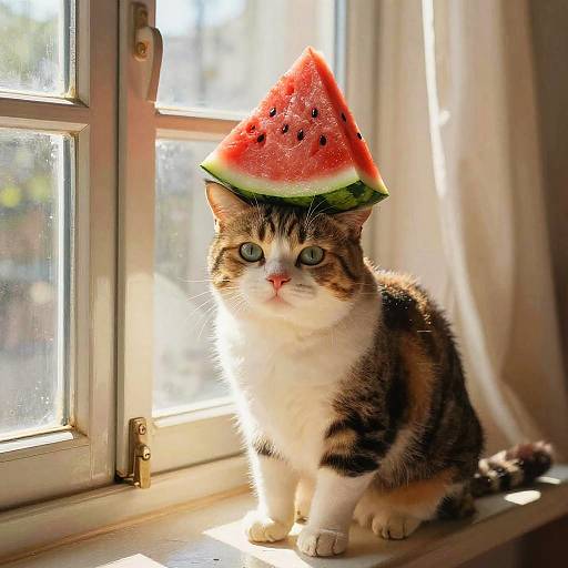 Photograph of a tabby and white cat with bright green eyes wearing a watermelon slice hat, sitting on a sunlit window sill.