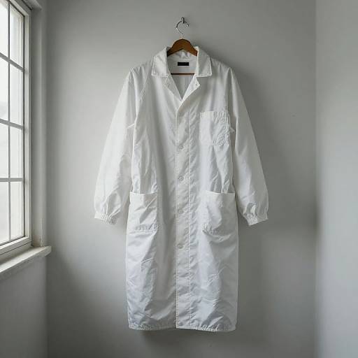 Photograph of a white, long-sleeved, button-down lab coat with large front pockets, hanging on a wooden hanger against a gray wall