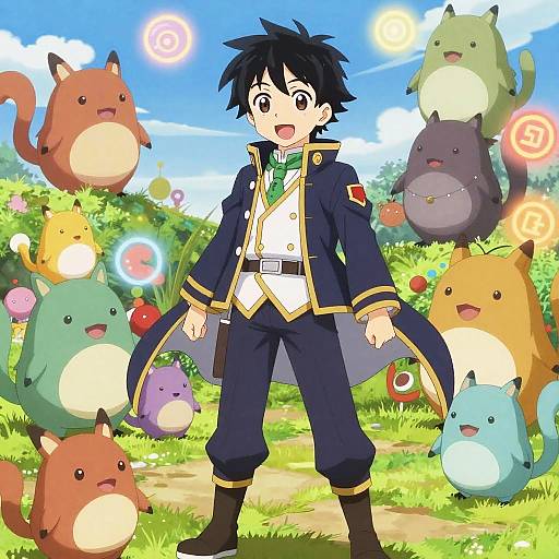 Anime-style drawing of a black-haired boy in a navy and gold military-style coat surrounded by colorful, floating Totoro-like creatures in a bright,