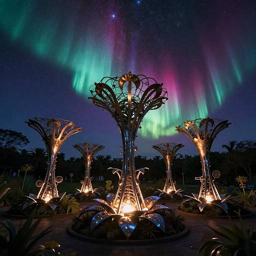 Biomechanical Garden Under Aurora Borealis