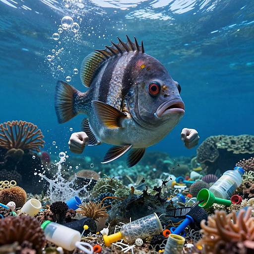 Photograph of a large, striped fish with red eyes swimming above a polluted coral reef filled with plastic bottles and debris underwater.