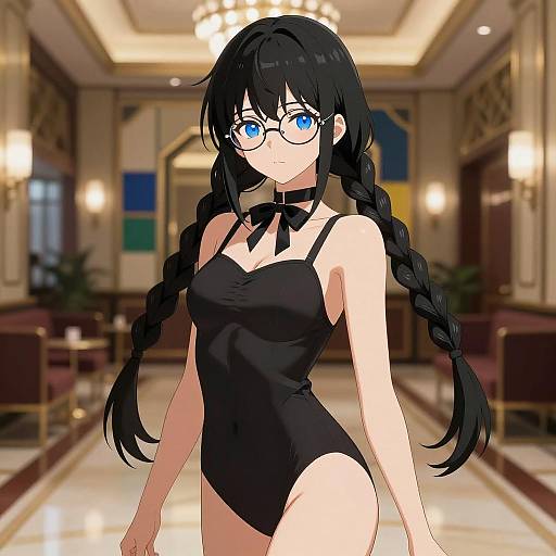 Elegant Anime Woman in Art Deco Lobby