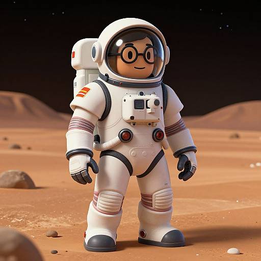 Cartoon-style astronaut with black-rimmed glasses standing on a reddish, rocky lunar surface at night; white suit with red accents.