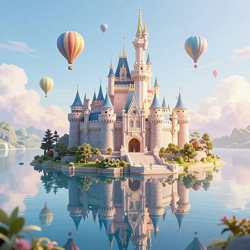 CGI image of a fairytale castle with blue spires, surrounded by a calm lake, reflecting its image. Balloons float overhead,