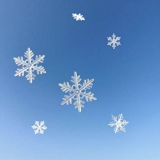 Digital illustration of five white snowflakes of varying sizes against a gradient blue background, resembling a clear winter sky.