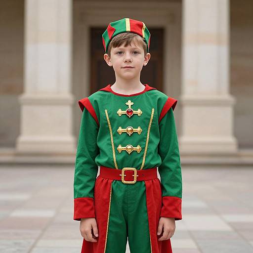 Photograph of a young boy in a green and red elf costume with gold buttons, red belt, and matching hat, standing in front of a blurred