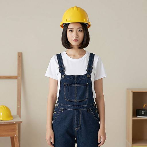Photograph of an Asian woman with straight black bob haircut, wearing a yellow hard hat, white t-shirt, and dark blue denim overalls, standing