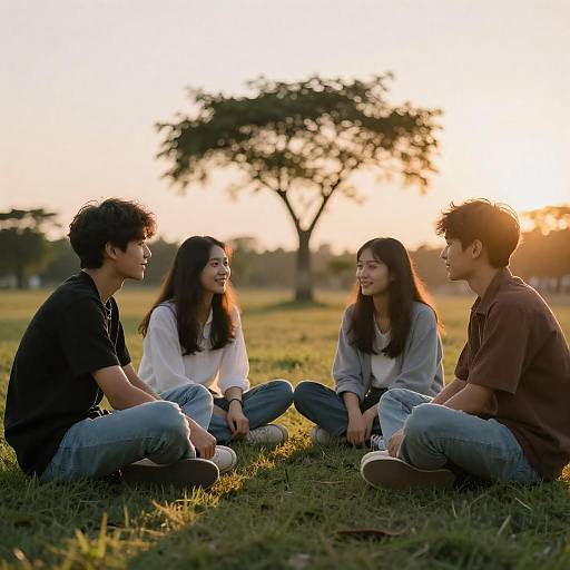 Young Adults Sitting on Grass at Sunset