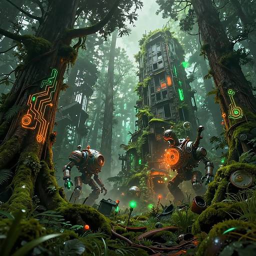 Digital art: Sci-fi robots with glowing lights and neon symbols in a lush, misty forest, surrounding a moss-covered, futuristic tower.