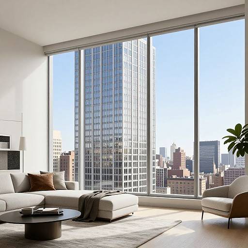 Modern living room with floor-to-ceiling windows showcasing a tall skyscraper cityscape; white sectional sofa, brown armchair, circular coffee table, and