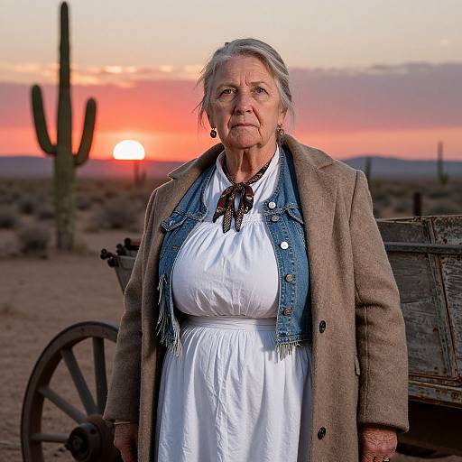 Photograph of an elderly white woman with gray hair, wearing a white dress, denim jacket, and brown coat, standing in front of a sunset desert