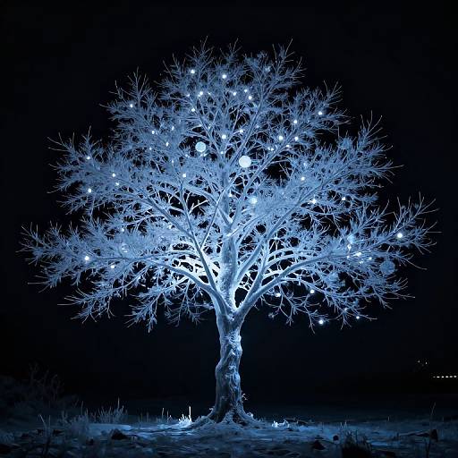 Photograph of a glowing, blue-lit, leafless tree with numerous twinkling lights against a black night sky, standing alone on a dark,