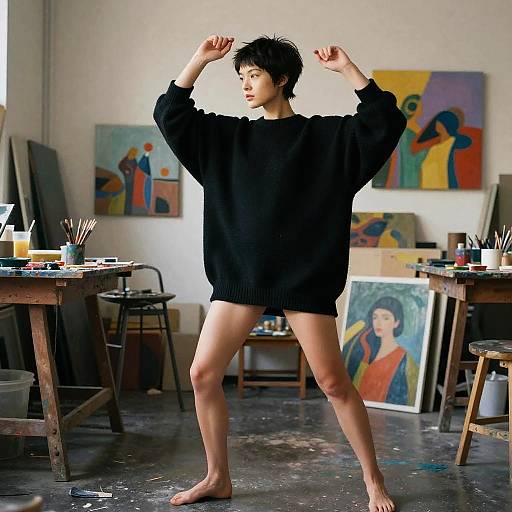 Photograph of a short-haired Asian woman in a black oversized sweater, standing barefoot in an art studio with colorful paintings, paintbrushes, and