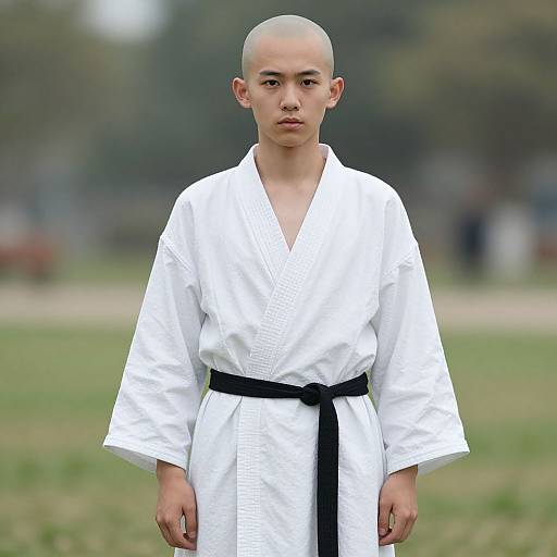 Photograph of a young, bald Asian boy wearing a white karate gi with a black belt, standing in a blurred outdoor grassy area.