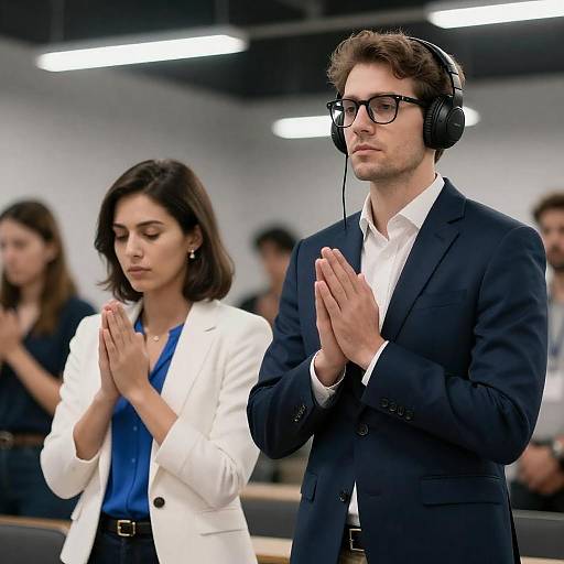 Man with Headphones and Woman Praying