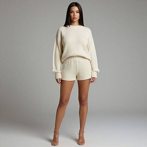 Photograph of a tall, dark-haired woman in a cream knit sweater and matching shorts, standing in front of a gray background, wearing clear high-he