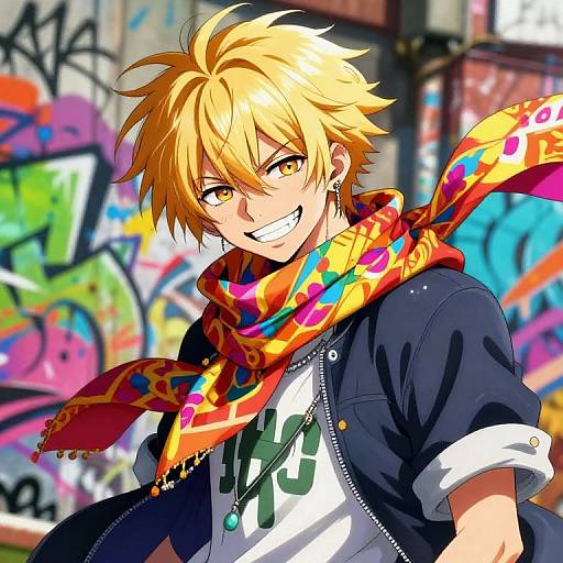 Anime-style digital drawing of a smiling blonde boy with yellow eyes, wearing a colorful scarf, black jacket, and white shirt, set against a vibrant graffiti