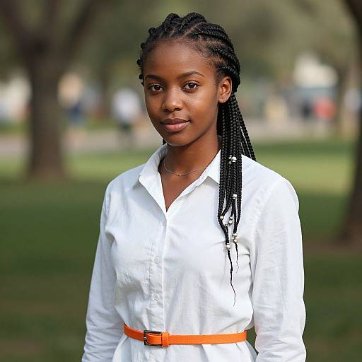 Photograph of a young Black woman with braided hair, wearing a white button-down shirt with an orange belt, standing in a park with blurred green