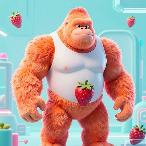 CGI image of a muscular, orange-furred gorilla in a white tank top with a strawberry graphic, standing in a futuristic, neon-lit