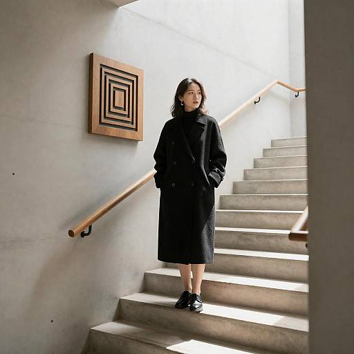 Sunlit Staircase: Woman in Black Coat